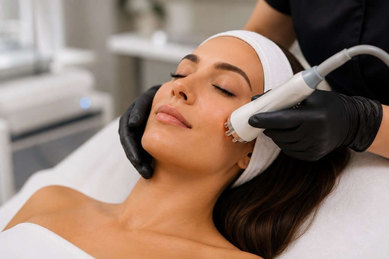 Patient receiving RF skin tightening treatment on face and neck area