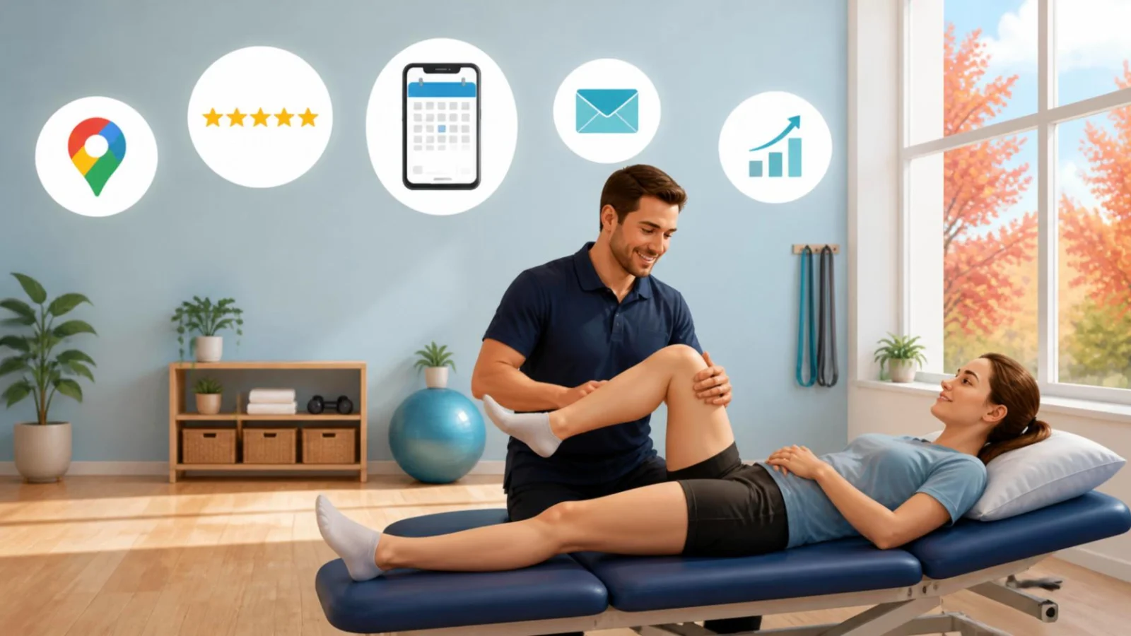 Physiotherapist treating a patient's knee in a small clinic, with icons for Google Maps, reviews, online booking, email and growth